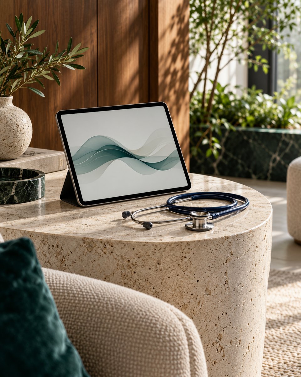 Tablet and stethoscope in a quiet interior — physician-access concept