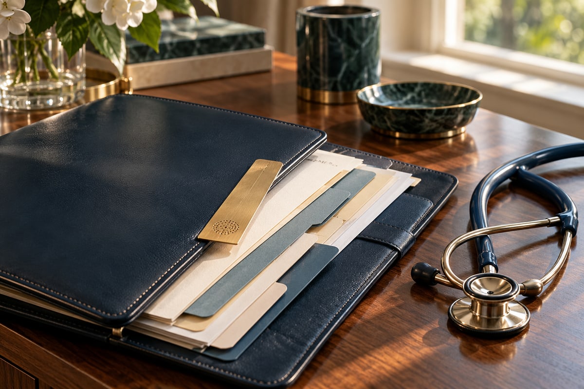 Navy medical folio, tabbed records and stethoscope in warm morning light