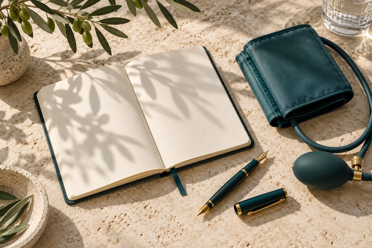 Blank notebook, fountain pen and teal blood pressure cuff on travertine