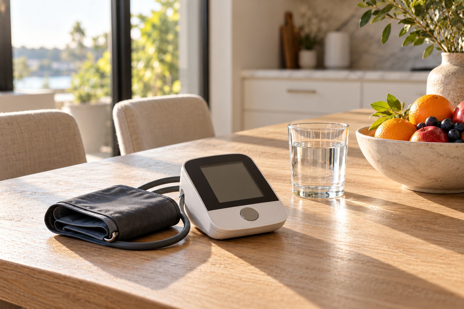 A home blood pressure monitor, a glass of water and fresh fruit on a kitchen table, the starting point for knowing your heart numbers