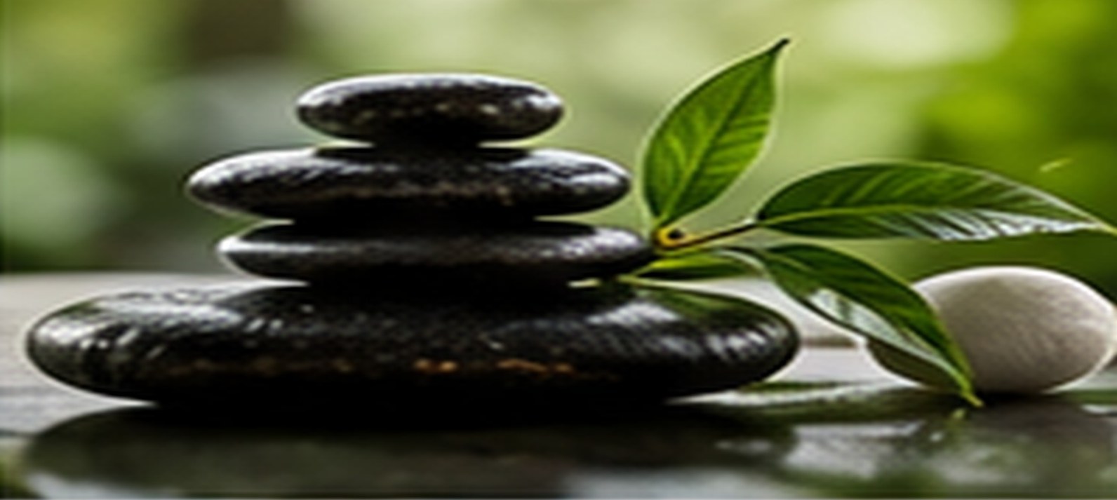 Smooth balanced stones and a green leaf, illustrating a steady, long-term approach to health